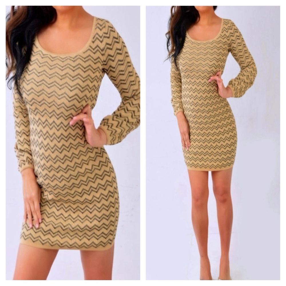 INC International Concepts Beige Chevron Long Sleeve Scoop Neck Mini Dress